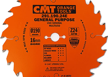 CMT LAMA PER TAGLIO LEGNO LUNGO E TRAVERSO VENA D.MM190X2,6X16 Z 24