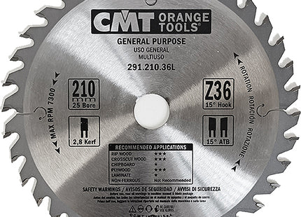 CMT LAMA PER TAGLIO LEGNO LUNGO E TRAVERSO VENA D.MM210X2,8X25 Z 36