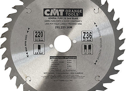 CMT LAMA PER TAGLIO LEGNO LUNGO E TRAVERSO VENA D.MM220X2,8X30 Z 36