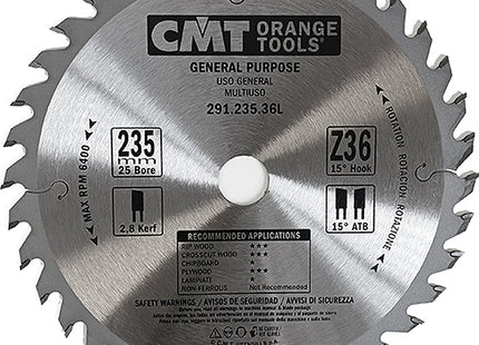 CMT LAMA PER TAGLIO LEGNO LUNGO E TRAVERSO VENA D.MM235X2,8X25 Z 36