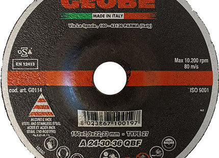 GLOBE DISCO DA SBAVO A CENTRO DEPRESSO D.MM150X7,0X22,23 INOX/ACCIAIO