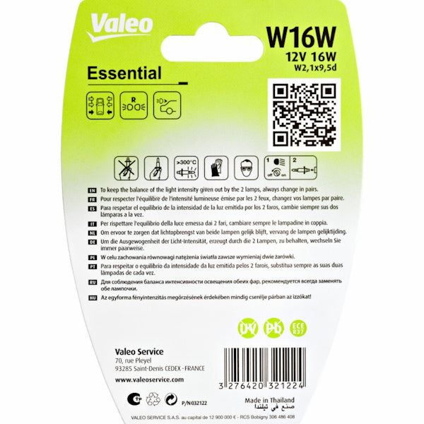 VALEO LAMPADINA LINEA ESSENTIAL W16W 12V 16W BLISTER DA PZ2