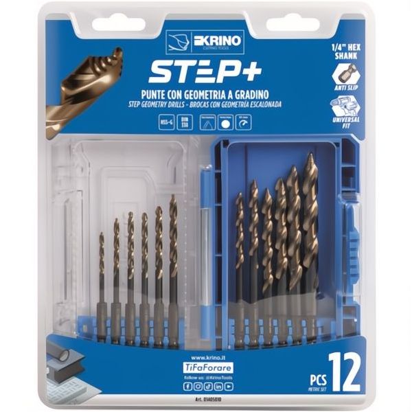 KRINO SERIE PUNTE A GRADINO STEP+ ATTACCO HEX 1/4" HSS DIN 338 PZ.12