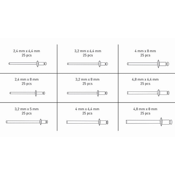 FERVI ASSORTIMENTO DI RIVETTI IN SCATOLA DA 225 PEZZI