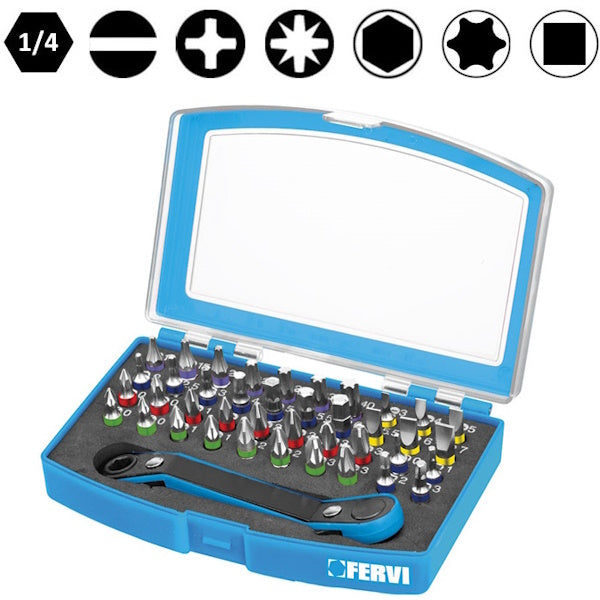 FERVI SET DI INSERTI BITS E CRICCHETTO REVERSIBILE DA 1/4" PZ41