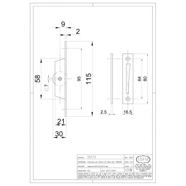 IBFM CREMONESE PER FINESTRA DA INFILARE MOD. MIGNON ART. 172B BRONZATA