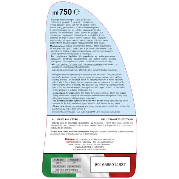 RHUTTEN PULIVETRO ANTIPIOGGIA E ANTIAPPANNANTE PER VETRI SPRAY ML750