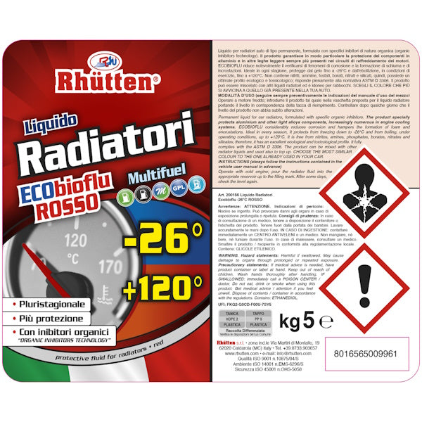 RHUTTEN LIQUIDO RADIATORI ROSSO -26° TANICA DA KG5