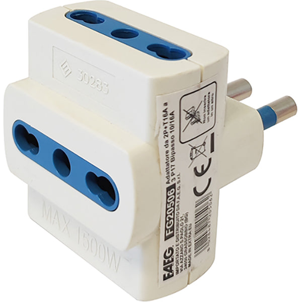 FAEG ADATTATORE TRIPLO CON SPINA 2P+T 16A 3 PRESE BIPASSO 2P+T 250V