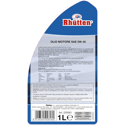 RHUTTEN OLIO MOTORE 4T  5W-40 FLACONE DA LT1