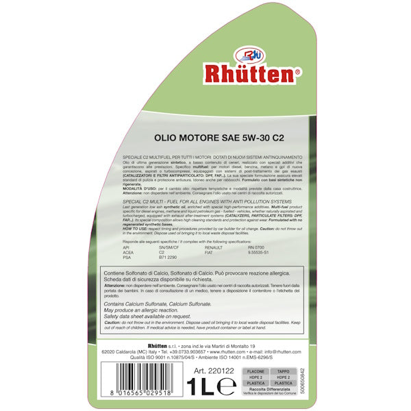 RHUTTEN OLIO MOTORE 4T  5W-30 C2 FLACONE DA LT1