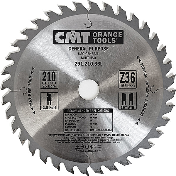 CMT LAMA PER TAGLIO LEGNO LUNGO E TRAVERSO VENA D.MM210X2,8X25 Z 36