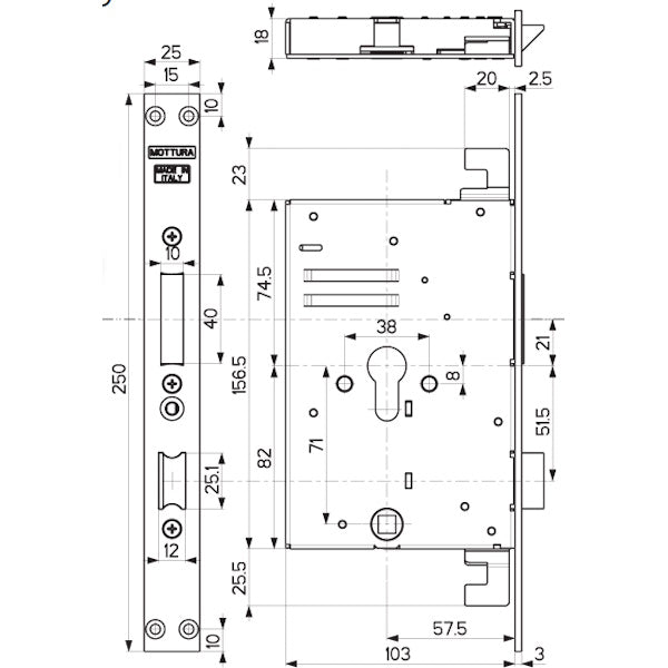 MOTTURA SERRATURA DA INFILARE TRIPLICE PER CILINDRO YALE AMBIDESTRA