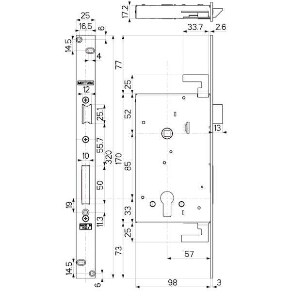 MOTTURA SERRATURA DA INFILARE TRIPLICE PER CILINDRO YALE AMBIDESTRA