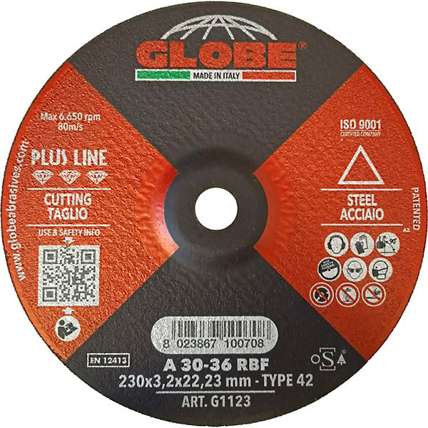 GLOBE DISCO DA TAGLIO A CENTRO DEPRESSO D.MM230X3,2X22,23 ACCIAIO