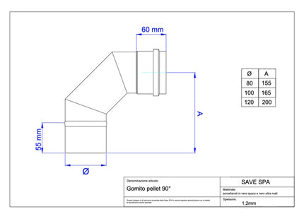 SAVE GOMITO PER STUFE PELLETS M/F PORCELLANATO NERO OPACO*