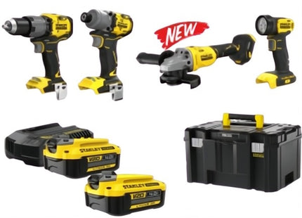 STANLEY KIT TRAPANO + AVVITATORE + SMERIGLIATRICE + TORCIA 18V 4,0AH