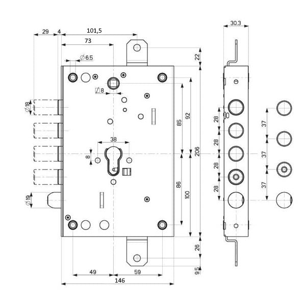 MOTTURA SERRATURA APPLICARE TRIPLICE ENTRATA MM73 AMBIDX ART.82.571