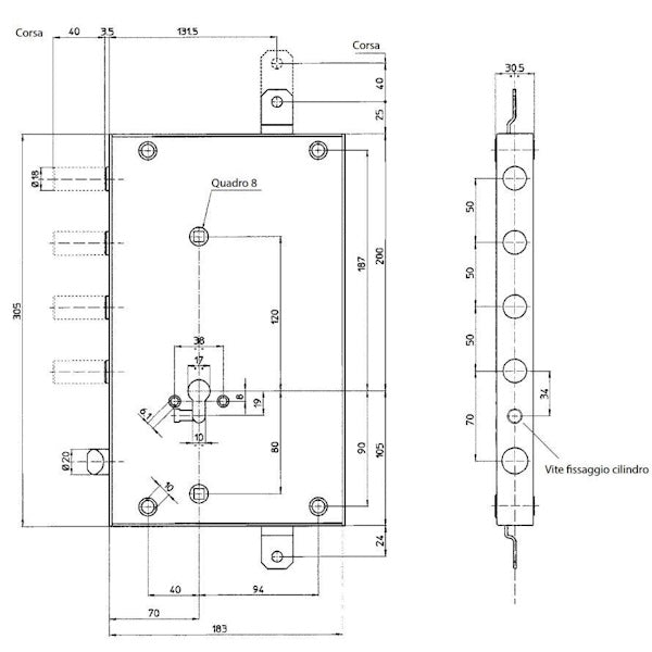 MOTTURA SERRATURA APPLICARE TRIPLICE PER CILINDRO YALE