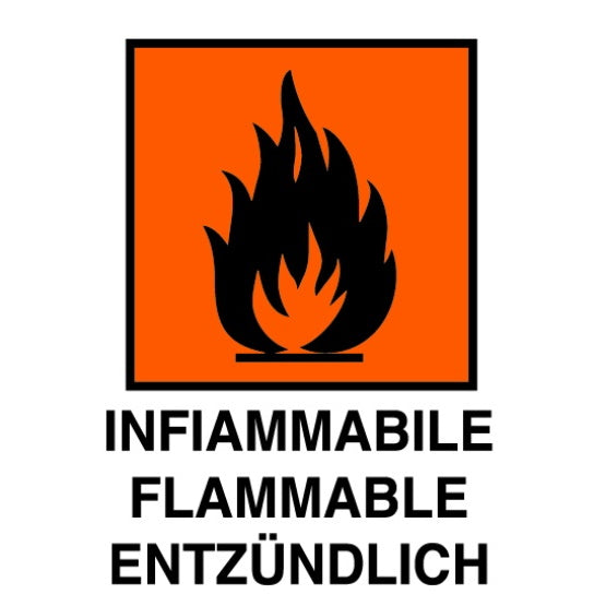 SEGNALE INFIAMMABILE FLAMMABLE ENTZUNDLICH ADESIVO MM105X 74
