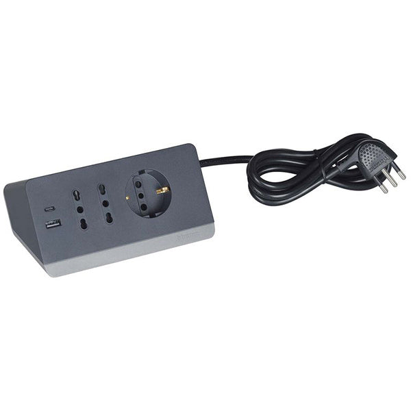BTICINO MULTIPRESA DA TAVOLO 3 PRESE 2 USB CAVO DA MT2 SPINA 10A GRIGIO