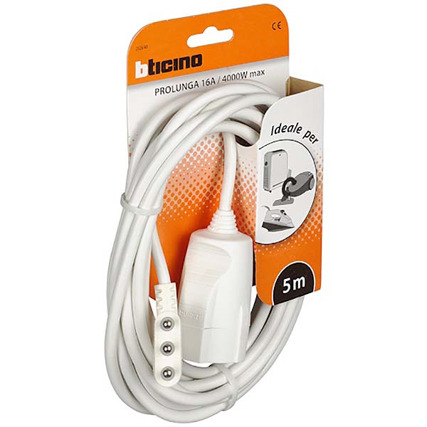 BTICINO PROLUNGA CON SPINA 2P+T PRESA SCHUKO 10/16A CAVO DA MT5 BIANCO