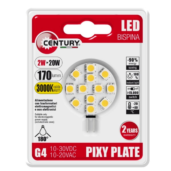 CENTURY LAMPADINA LED BISPINA PIXY 10-30V 2W ATTACCO G4 3000K 170LM