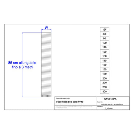 SAVE TUBO IN ALLUMINIO FLESSIBILE CON INVITO DA MM850 A MM3000 D.MM130