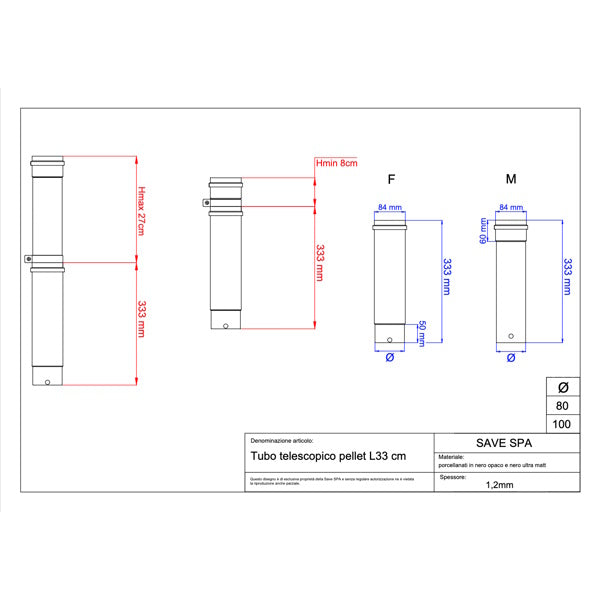 SAVE TUBO PER STUFE PELLETS TELESCOPICO PORCELLANATO NERO OPACO D.CM 8