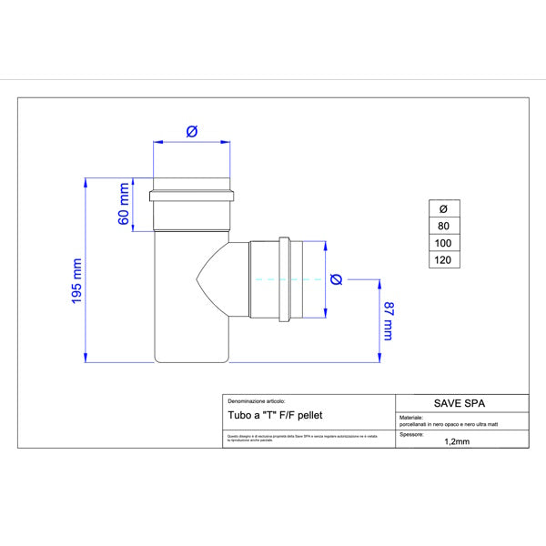 SAVE TUBO PER STUFE PELLETS A T F/F PORCELLANATO NERO OPACO D.CM 8