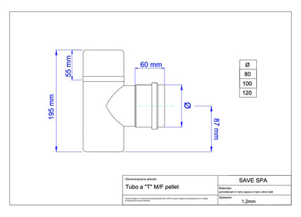 SAVE TUBO PER STUFE PELLETS A T M/F PORCELLANATO NERO OPACO D.CM 8