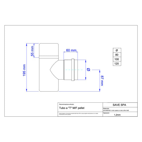 SAVE TUBO PER STUFE PELLETS A T M/F PORCELLANATO NERO OPACO D.CM 8