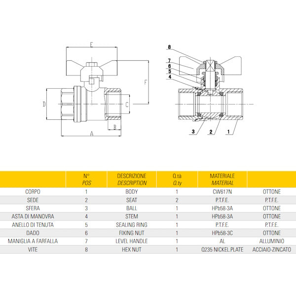 GT COMIS ART 308 VALVOLA A SFERA IN OTTONE NICHELATO CON FARFALLA F/F