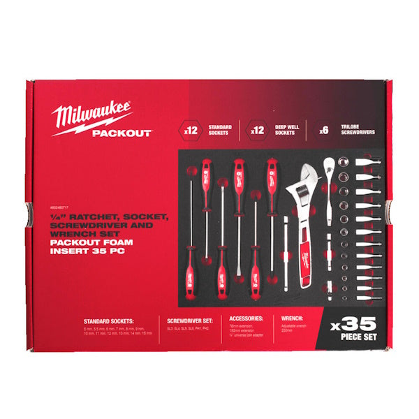 MILWAUKEE PACKOUT SET CRICCHETTO E BUSSOLE DA 1/4" IN TERMOFORMATO