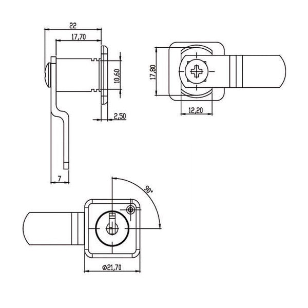 OMR CILINDRO QUADRO CON LEVETTA ROTAZIONE 90° MM21,7X21,7 NERO